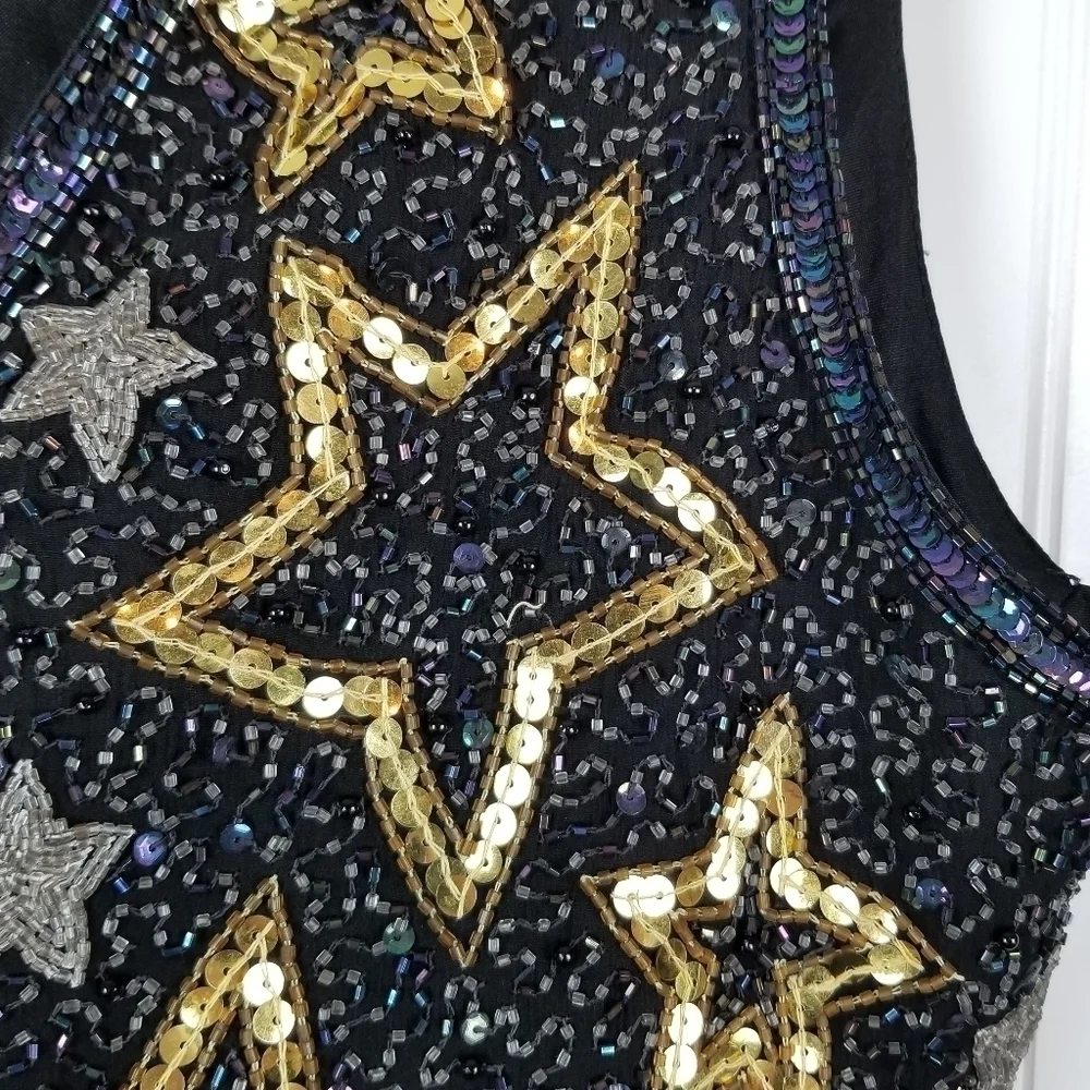 Amanda Smith Pure Silk Sequin Beaded Vest Size Large Stars Metallic Event Party